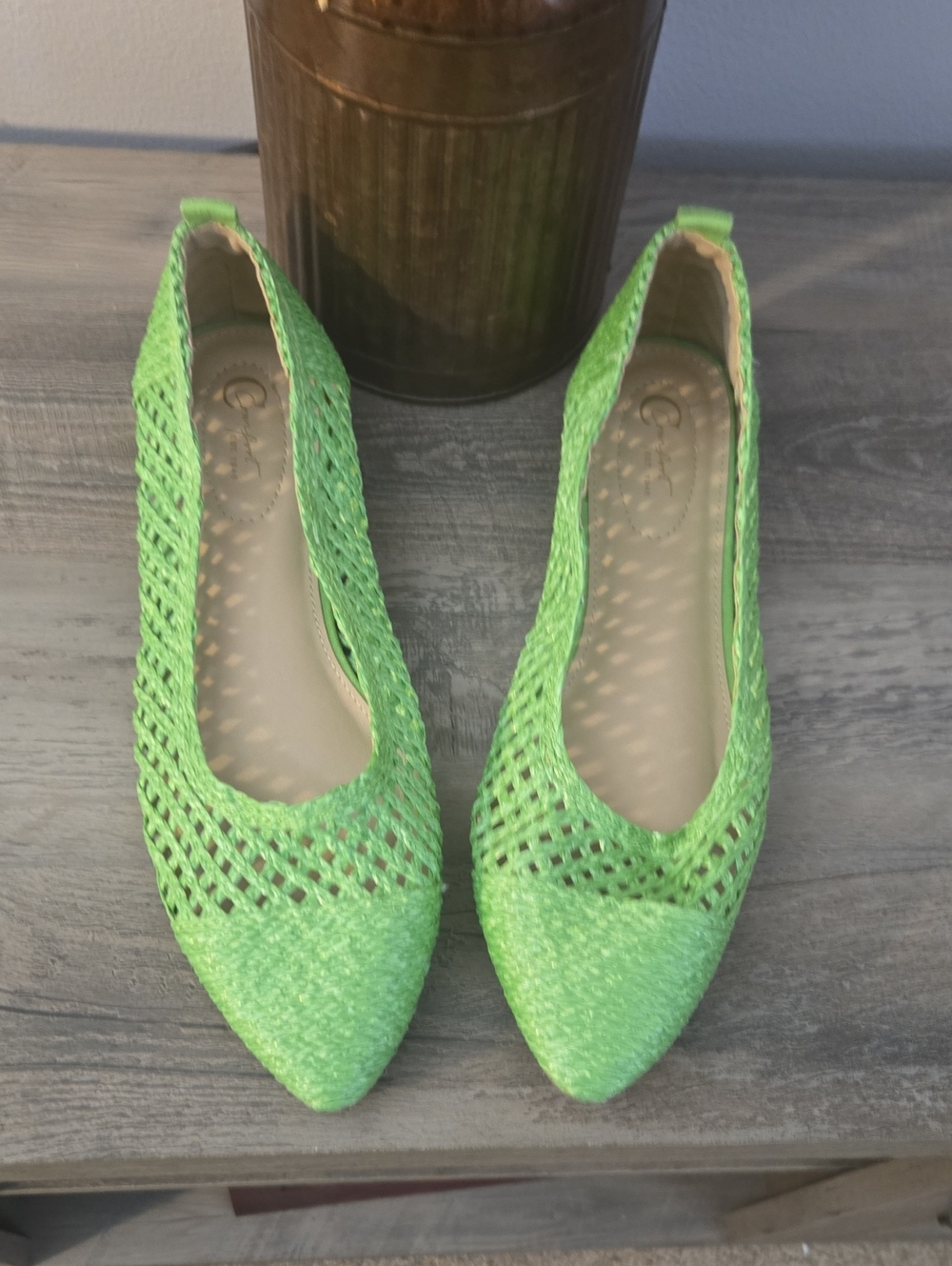 Pointed-Toe Woven Flats in Bright Green